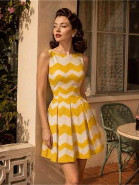 Taylor Yellow and White Chevron Sleeveless Fit-and-Flare Dress